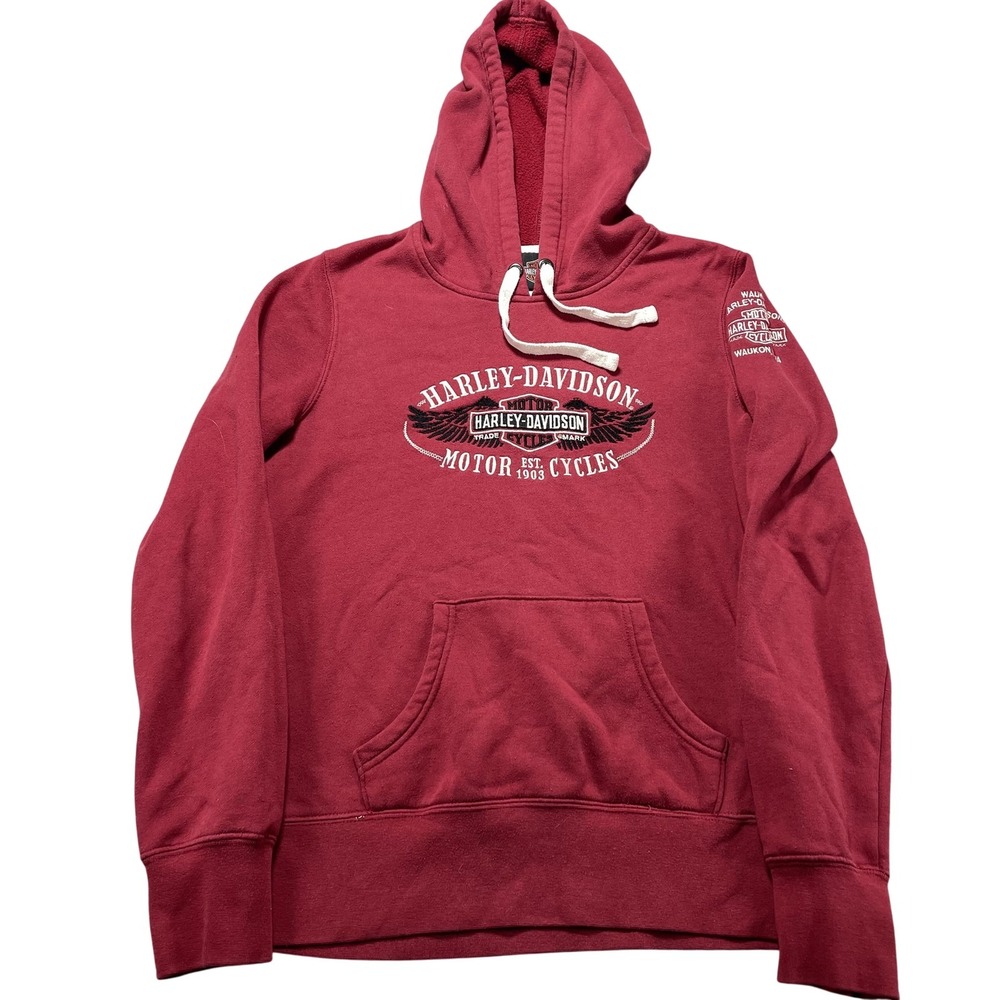 Harley-Davidson Hoodie Women's Medium Red Waukon Iowa Fleece Pullover Sweatshirt